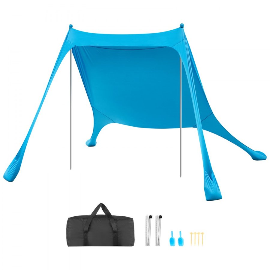 VEVOR Beach Tent Sun Shelter, UPF50+ Sun Protection, 2 m Tall, 2.3 x 2.3 m, Easy Pop Up Beach Canopy with Sandbags, Stability Poles, Sand Shovels, Portable Shade for Family Outings, Camping, Fishing