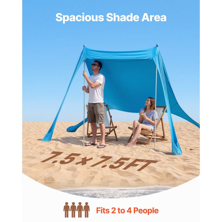 VEVOR Beach Tent Sun Shelter, UPF50+ Sun Protection, 2 m Tall, 2.3 x 2.3 m, Easy Pop Up Beach Canopy with Sandbags, Stability Poles, Sand Shovels, Portable Shade for Family Outings, Camping, Fishing