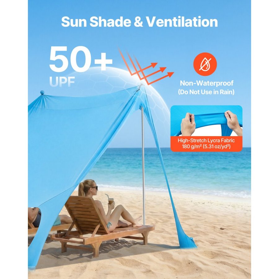 VEVOR Beach Tent Sun Shelter, UPF50+ Sun Protection, 2 m Tall, 2.3 x 2.3 m, Easy Pop Up Beach Canopy with Sandbags, Stability Poles, Sand Shovels, Portable Shade for Family Outings, Camping, Fishing