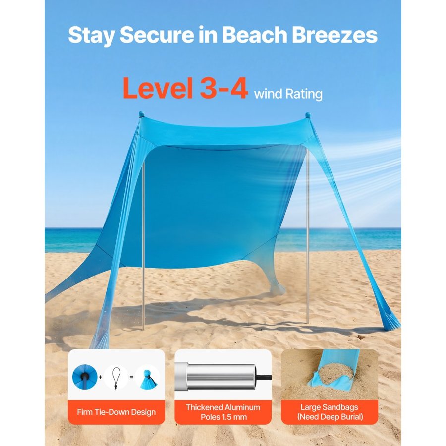 VEVOR Beach Tent Sun Shelter, UPF50+ Sun Protection, 2 m Tall, 2.3 x 2.3 m, Easy Pop Up Beach Canopy with Sandbags, Stability Poles, Sand Shovels, Portable Shade for Family Outings, Camping, Fishing