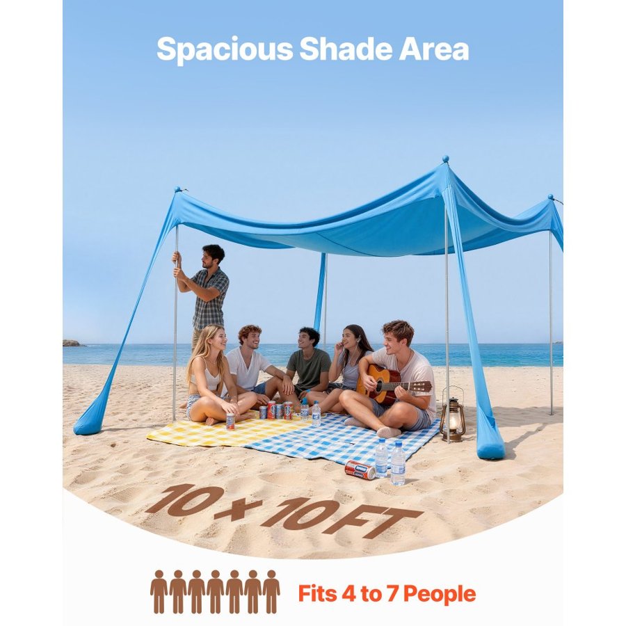 VEVOR Beach Sun Shelter – UPF50+, 3×3m, 4 Sandbags, Pop Up