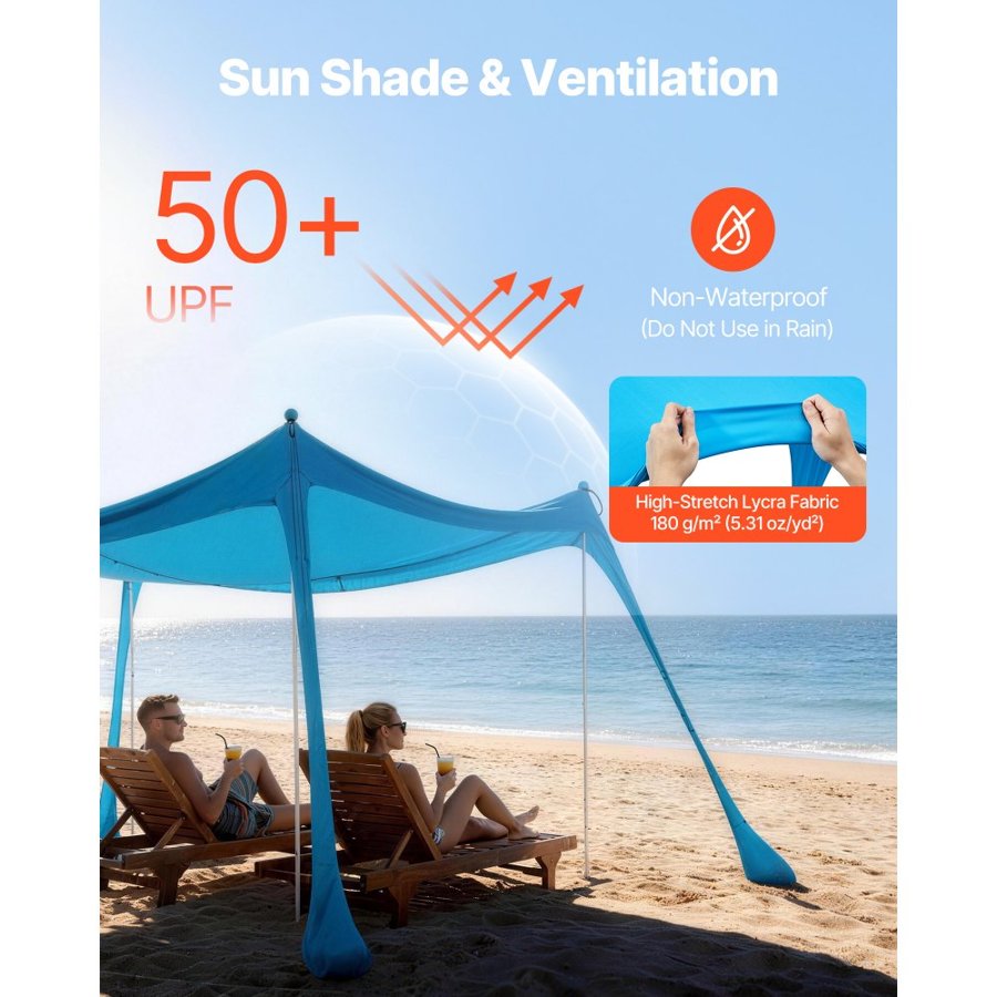 VEVOR Beach Sun Shelter – UPF50+, 3×3m, 4 Sandbags, Pop Up