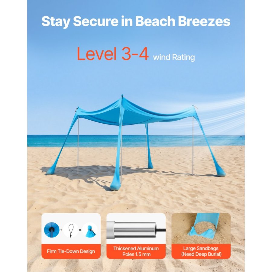VEVOR Beach Sun Shelter – UPF50+, 3×3m, 4 Sandbags, Pop Up