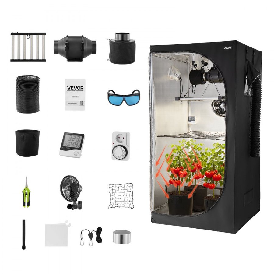 VEVOR Indoor Grow Tent Kit, 100 x 100 x 200 cm, Indoor Plant Tent with Full Spectrum LED Grow Light & Ventilation System, 600D High Reflective Mylar, Growing Tents for Flower Veggie