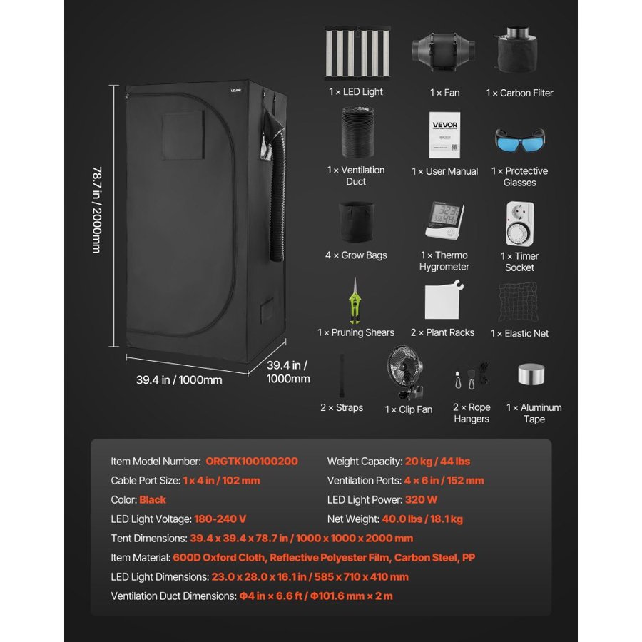 VEVOR Indoor Grow Tent Kit, 100 x 100 x 200 cm, Indoor Plant Tent with Full Spectrum LED Grow Light & Ventilation System, 600D High Reflective Mylar, Growing Tents for Flower Veggie