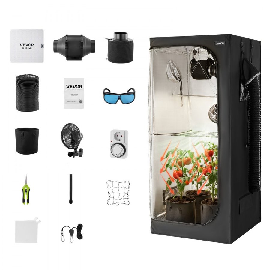 VEVOR Indoor Grow Tent Kit, 80 x 80 x 180 cm, Indoor Plant Tent with Full Spectrum LED Grow Light & Ventilation System, 600D High Reflective Mylar, Growing Tents for Flower Veggie
