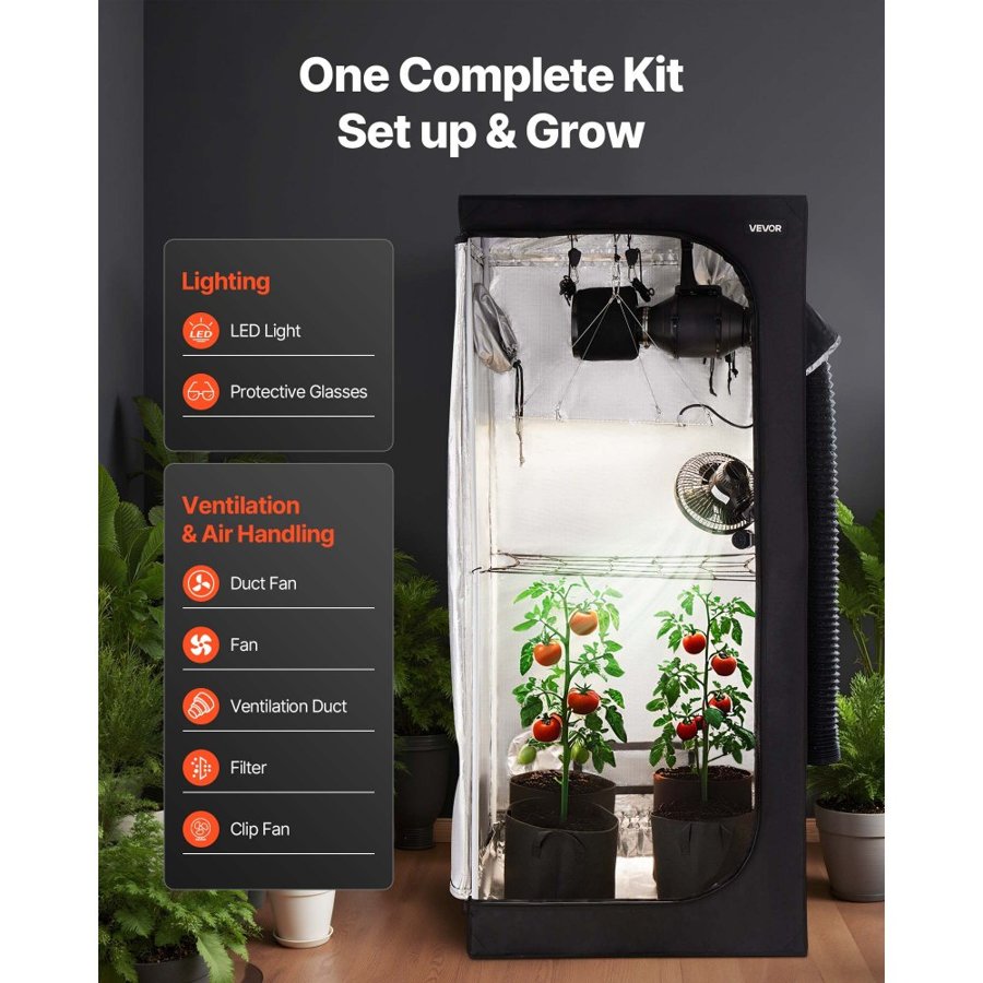 VEVOR Indoor Grow Tent Kit, 80 x 80 x 180 cm, Indoor Plant Tent with Full Spectrum LED Grow Light & Ventilation System, 600D High Reflective Mylar, Growing Tents for Flower Veggie