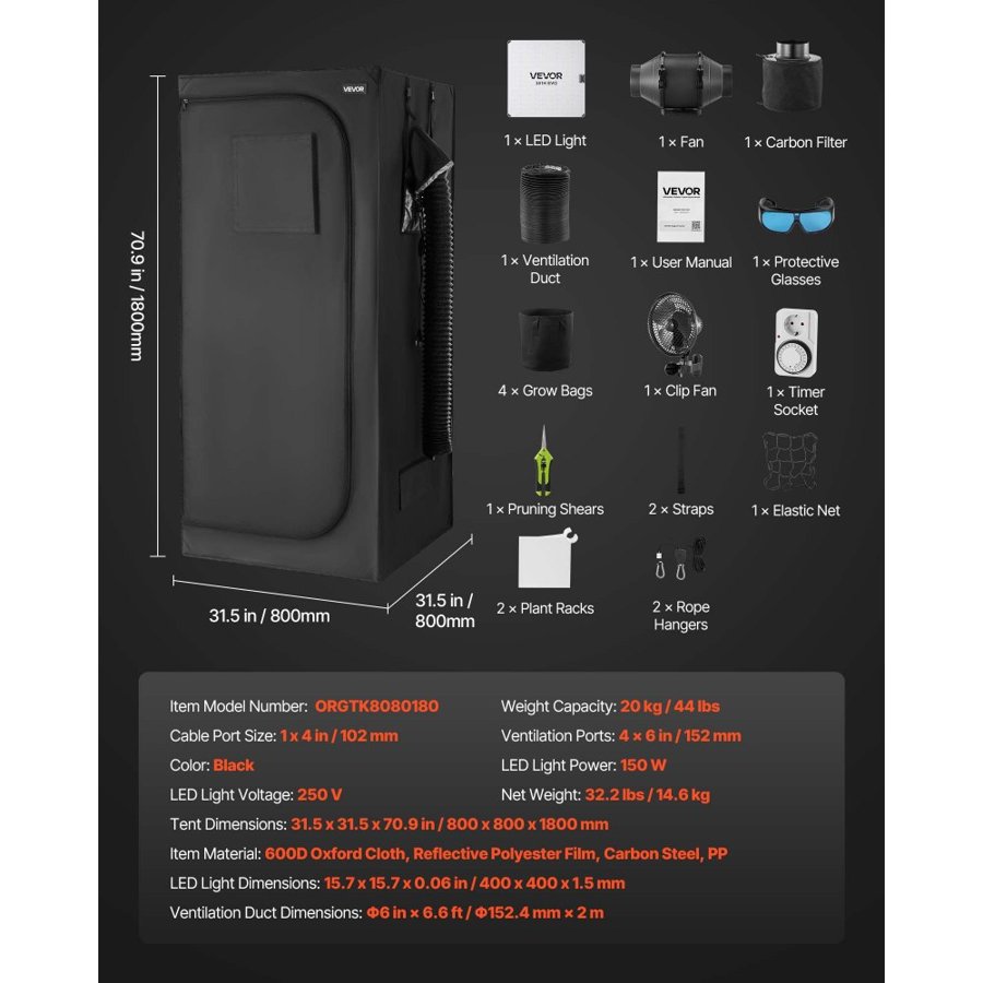VEVOR Indoor Grow Tent Kit, 80 x 80 x 180 cm, Indoor Plant Tent with Full Spectrum LED Grow Light & Ventilation System, 600D High Reflective Mylar, Growing Tents for Flower Veggie