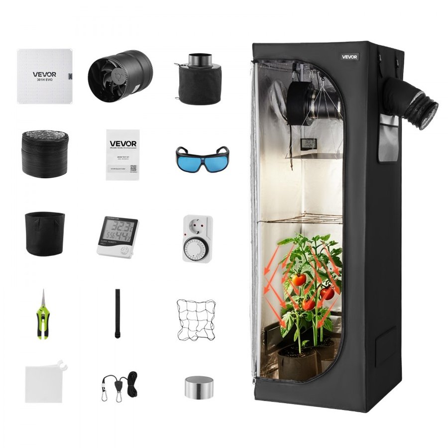 VEVOR Indoor Grow Tent Kit, 60 x 60 x 180 cm, Indoor Plant Tent with Full Spectrum LED Grow Light & Ventilation System, 600D High Reflective Mylar, Growing Tents for Flower Veggie