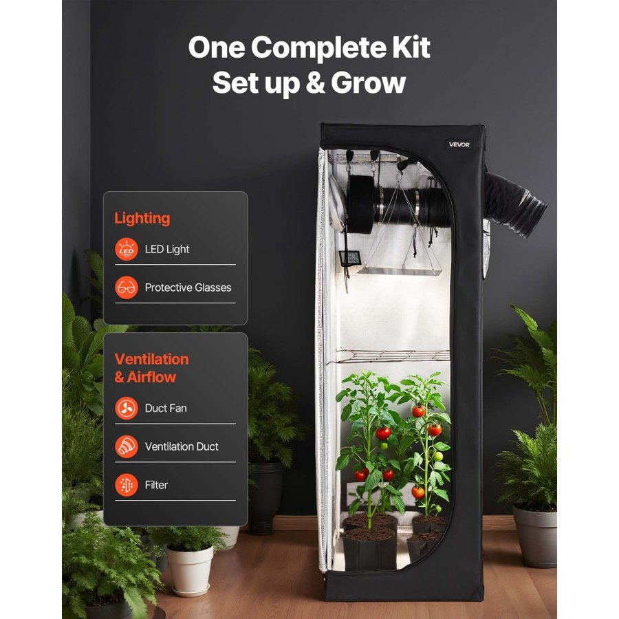 VEVOR Indoor Grow Tent Kit, 60 x 60 x 180 cm, Indoor Plant Tent with Full Spectrum LED Grow Light & Ventilation System, 600D High Reflective Mylar, Growing Tents for Flower Veggie