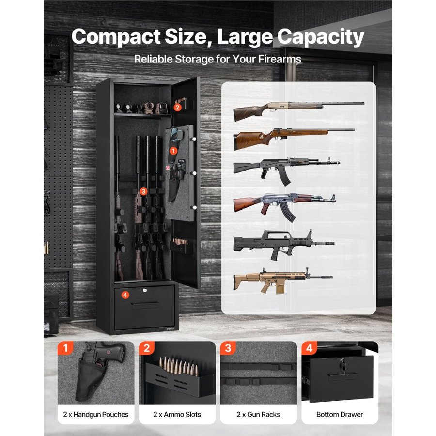 VEVOR 4 Gun Safe, Long Gun Cabinet for Rifles and Pistols, Quick Access Rifle Safe with 2 Ammo Slots, 2 Pistol Pockets & 2 Adjustable Racks, Large Digital Cabinet with Key and Password Lock