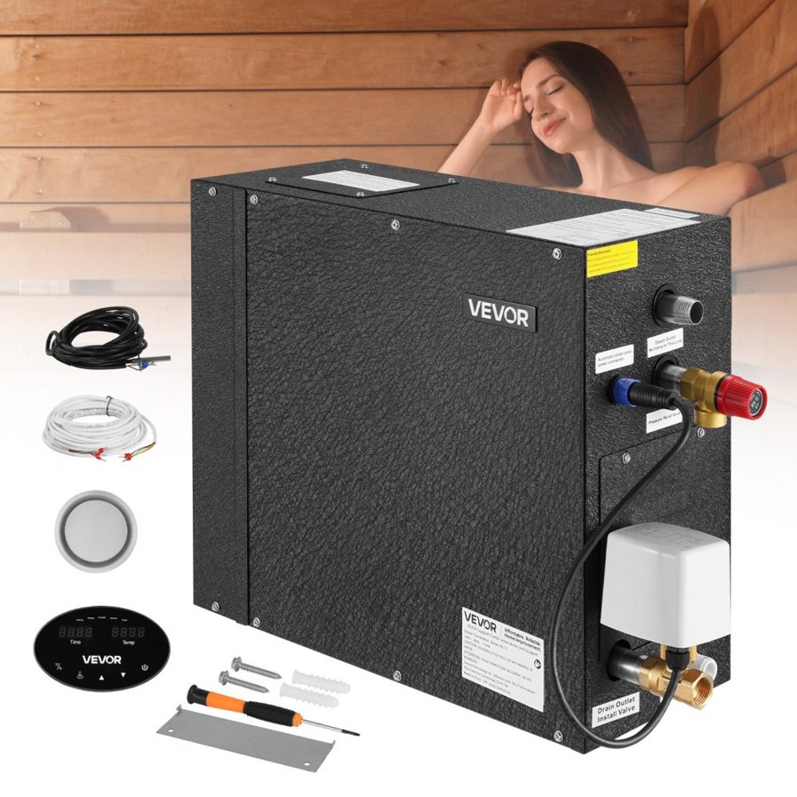 VEVOR Steam Generator, 7.5 kW Steam Shower System with Controller for Home Sauna Bath Spa, Commercial Auto Drain Kit with Overheat, Dry-Run & Overpressure Protection, 10 Min to 24h Efficient, Black