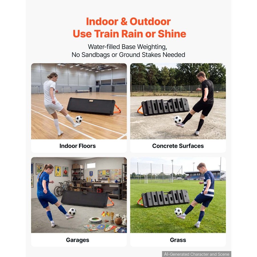 VEVOR Soccer Rebounder Board, 95 x 25 cm Dual-Sided Soccer Rebound Wall, 4 Adjustable Angles, Portable Water-Fillable PE Kickback Trainer, Ground Stakes for Kids Adults, Passing & Shooting Practice