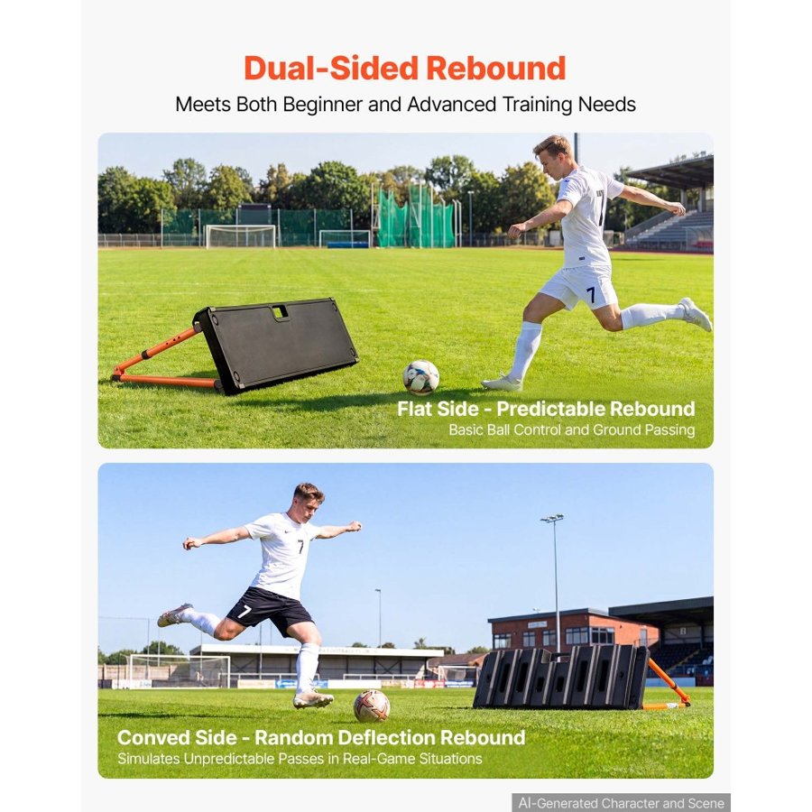 VEVOR Soccer Rebounder Board, 95 x 25 cm Dual-Sided Soccer Rebound Wall, 4 Adjustable Angles, Portable Water-Fillable PE Kickback Trainer, Ground Stakes for Kids Adults, Passing & Shooting Practice