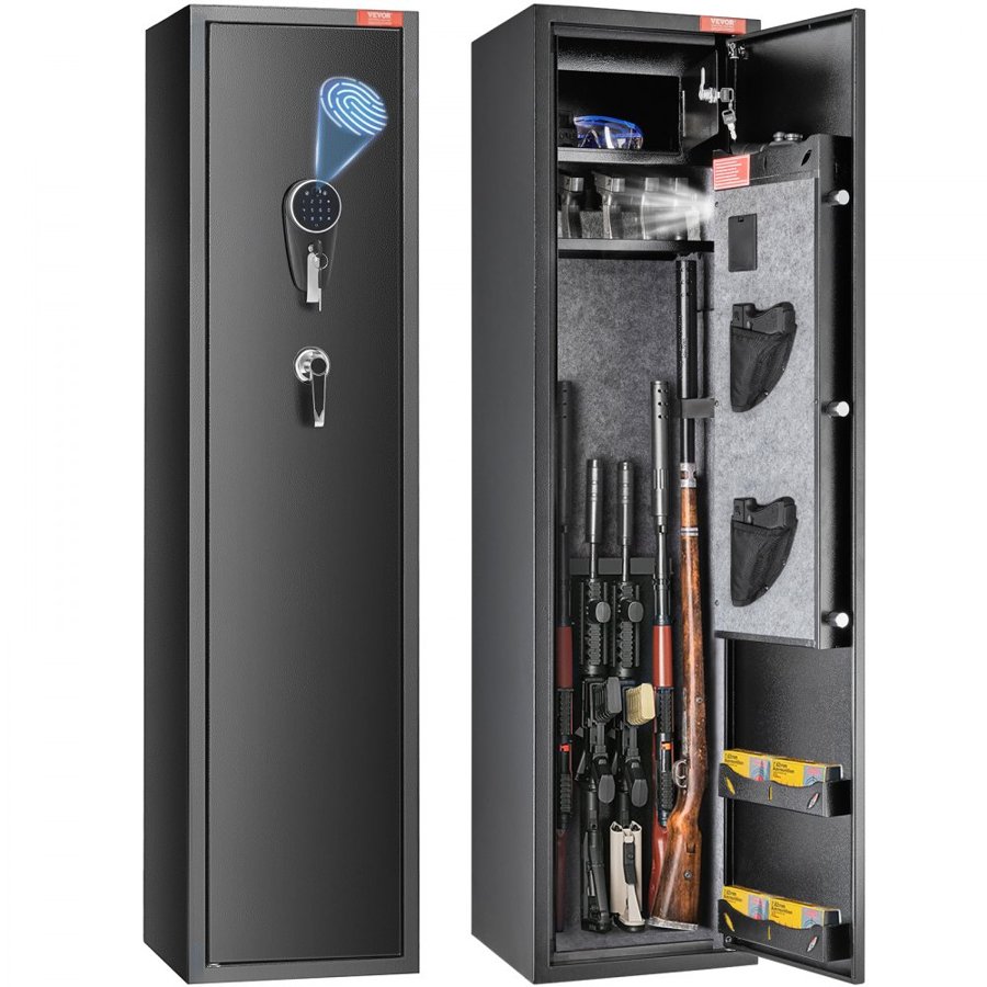 VEVOR 5 Rifles Gun Safe, Rifle Safe with Fingerprint & Digital Lock, Gun Storage Cabinet with Built-in Storage Locker, Removable Storage Shelf for Home Long Gun and Pistols