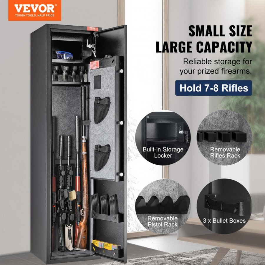 VEVOR 5 Rifles Gun Safe, Rifle Safe with Fingerprint & Digital Lock, Gun Storage Cabinet with Built-in Storage Locker, Removable Storage Shelf for Home Long Gun and Pistols
