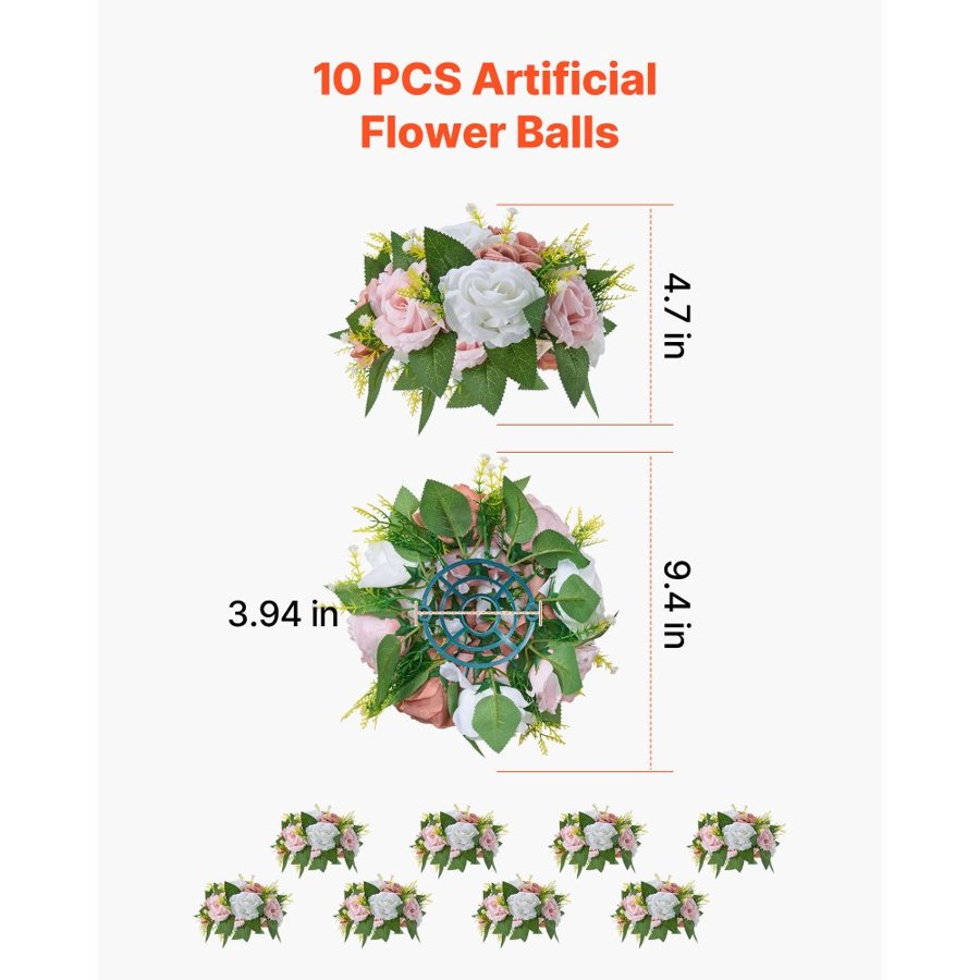 VEVOR Pink and White Roses – 10 PCS, 9.5-Inch Flower Balls