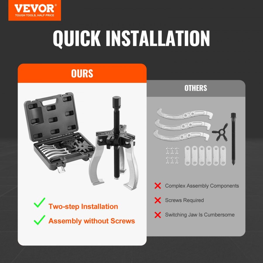 VEVOR Gear Puller Set, 7.6 cm and 17.8 cm Puller Kit, 3 Jaw Gear Bearing Flywheel Pulley Removal Tool, 2 or 3 Reversible Jaws Wheel Puller, Vertically and Horizontally, External and Internal, 2-Piece