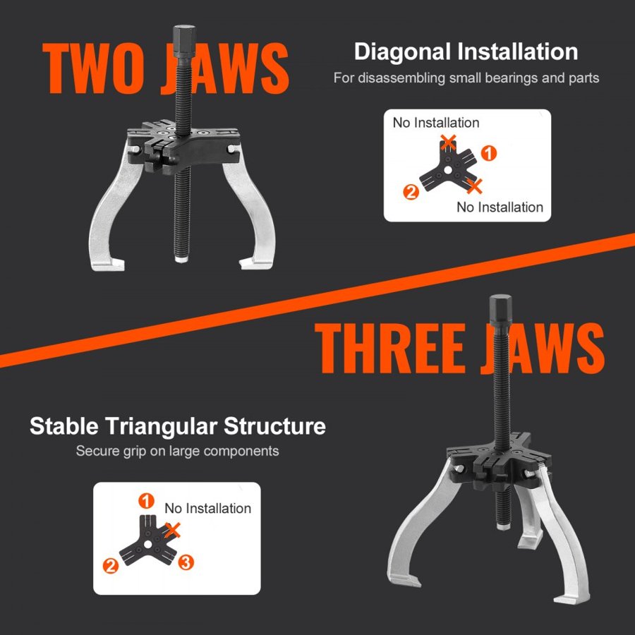 VEVOR Gear Puller Set, 7.6 cm and 17.8 cm Puller Kit, 3 Jaw Gear Bearing Flywheel Pulley Removal Tool, 2 or 3 Reversible Jaws Wheel Puller, Vertically and Horizontally, External and Internal, 2-Piece