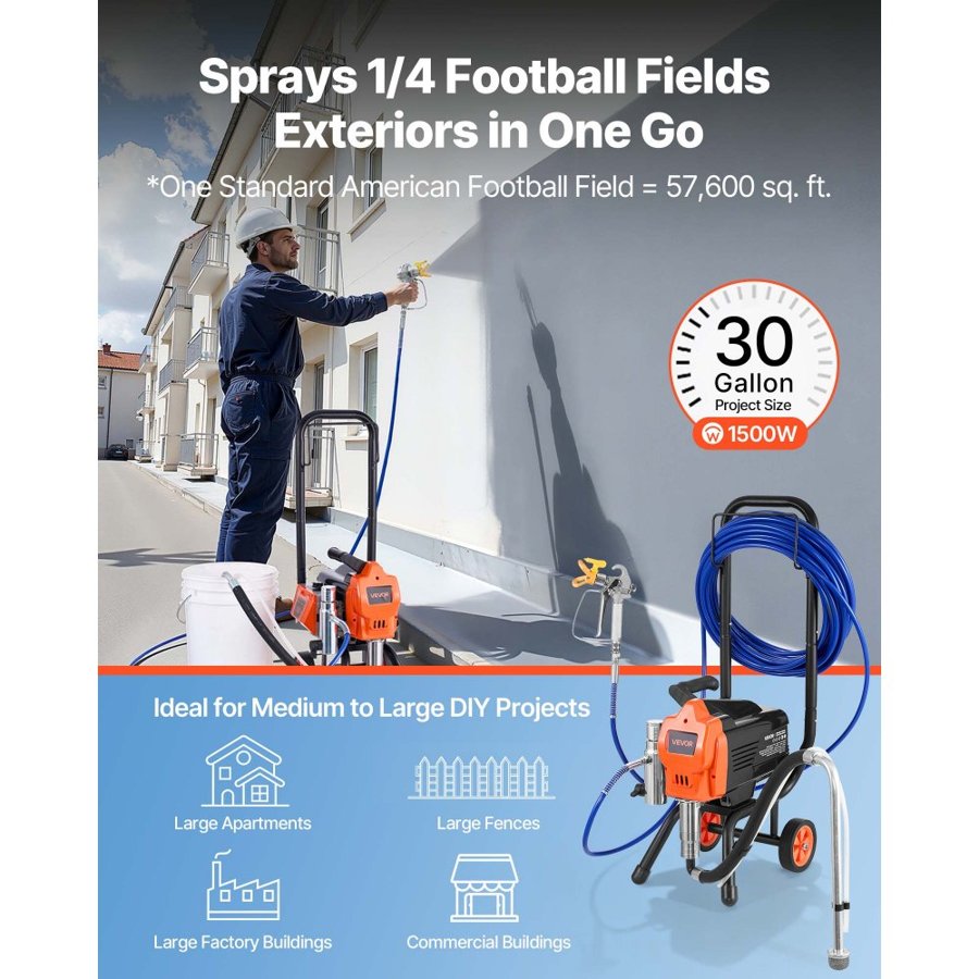 VEVOR Stand Airless Paint Sprayer, 1500W, 3300PSI High Pressure Airless Sprayer with Cart, Cleaning Brush, Hose, Extension Rod, Nozzles, Electric Spray Paint Machine for Large Apartments, Buildings