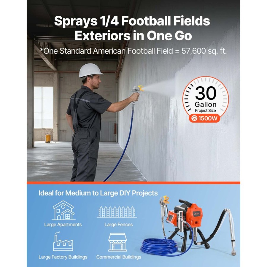 VEVOR Stand Airless Paint Sprayer, 1500W, 3300PSI High Pressure Airless Sprayer, Cleaning Brush, Hose, Extension Rod, Nozzles, Electric Spray Paint Machine for Large Apartments, Factory Buildings