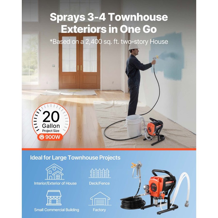VEVOR Stand Airless Paint Sprayer, 900W, 3300PSI High Pressure Airless Sprayer, Cleaning Brush, Hose, Extension Rod, Nozzles, Electric Spray Paint Machine for Interior or Exterior of House, Fence