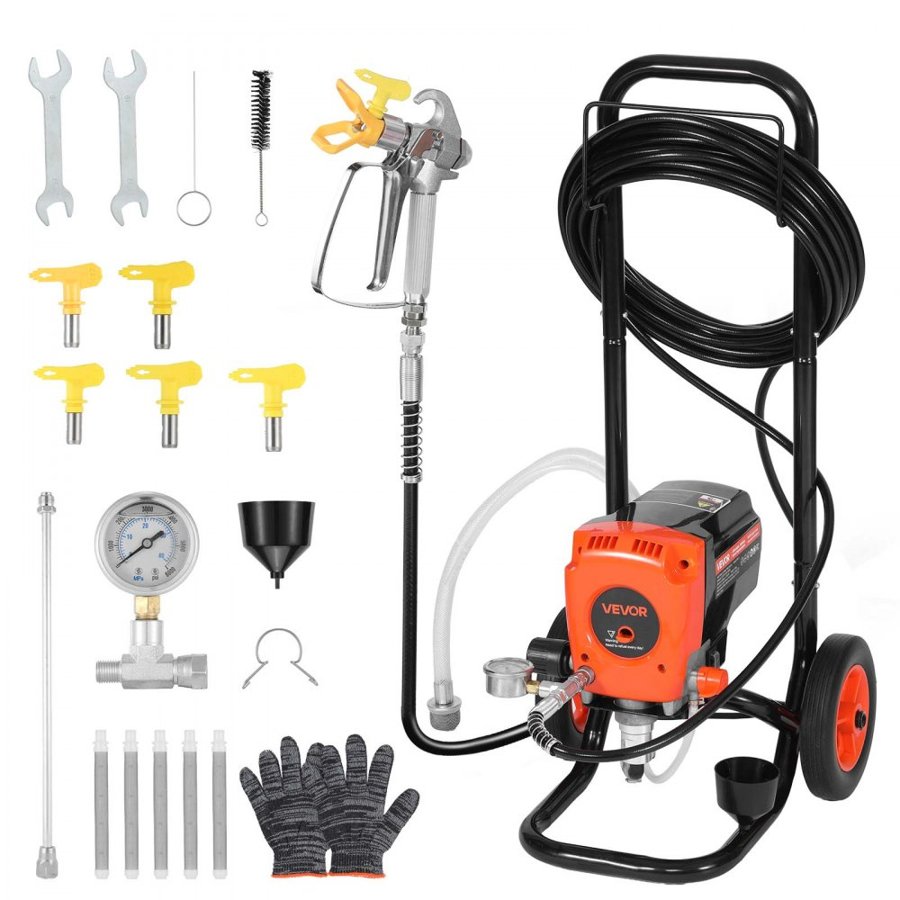 VEVOR Stand Airless Paint Sprayer, 900W, 3300PSI High Pressure Airless Sprayer with Cart, Cleaning Brush, Hose, Extension Rod, Nozzles, Electric Spray Paint Machine for Interior or Exterior of House