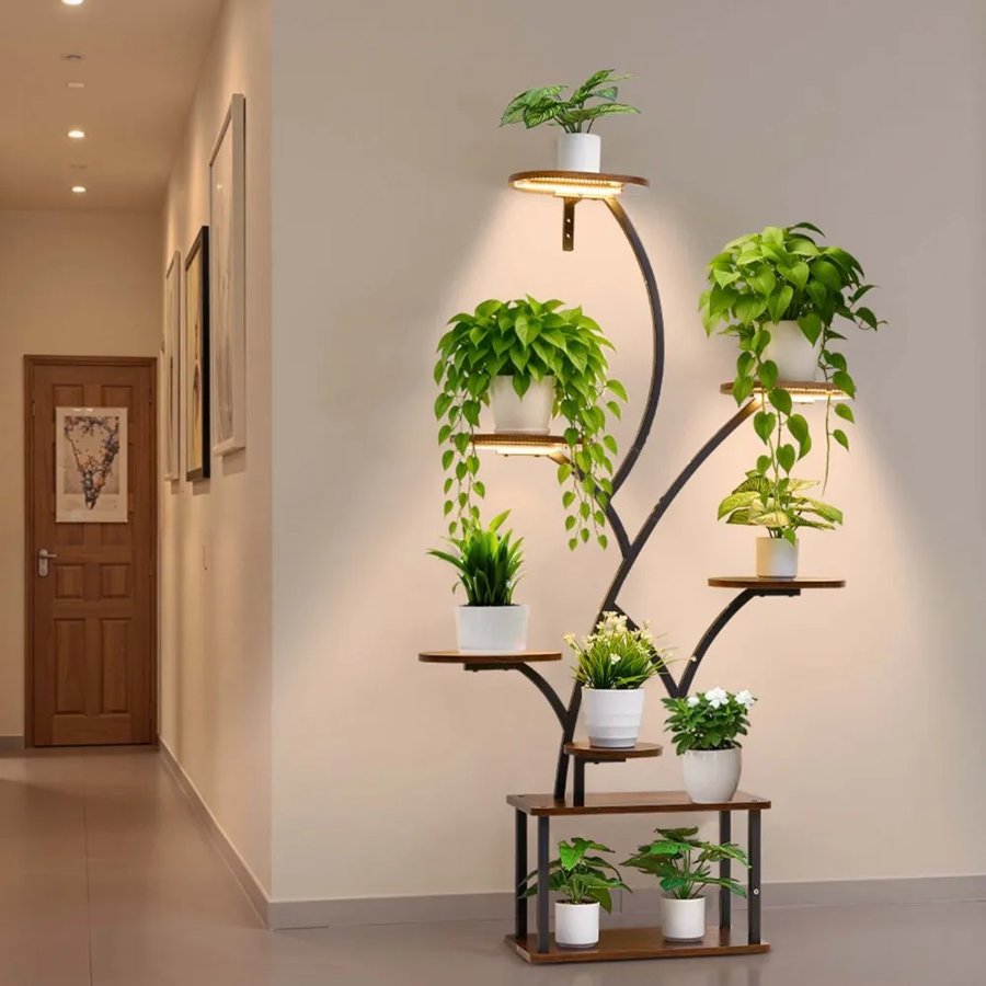 VEVOR Plant Stand Indoor with Grow Lights, 157.5cm Tall 8-Tier Lighted Plant Shelf, Metal Corner Plants Holder, 3 Timer & 10 Brightness, Tree-Shaped Flower Display Rack for Living Room Balcony Decor