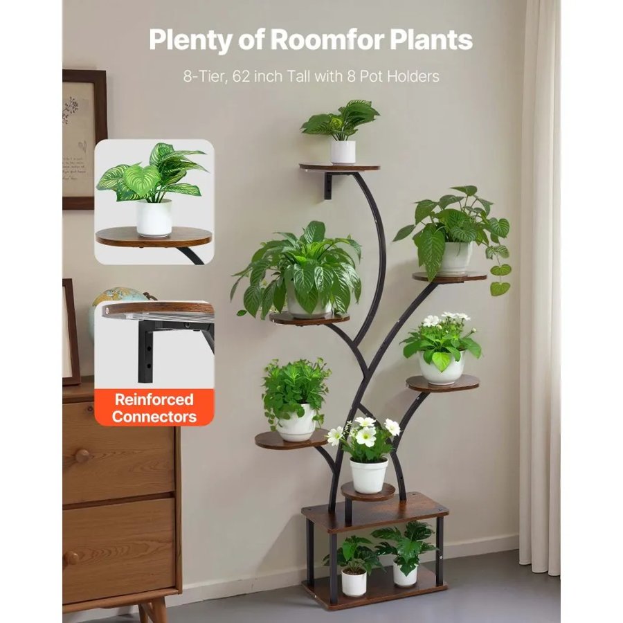 VEVOR Plant Stand Indoor with Grow Lights, 157.5cm Tall 8-Tier Lighted Plant Shelf, Metal Corner Plants Holder, 3 Timer & 10 Brightness, Tree-Shaped Flower Display Rack for Living Room Balcony Decor