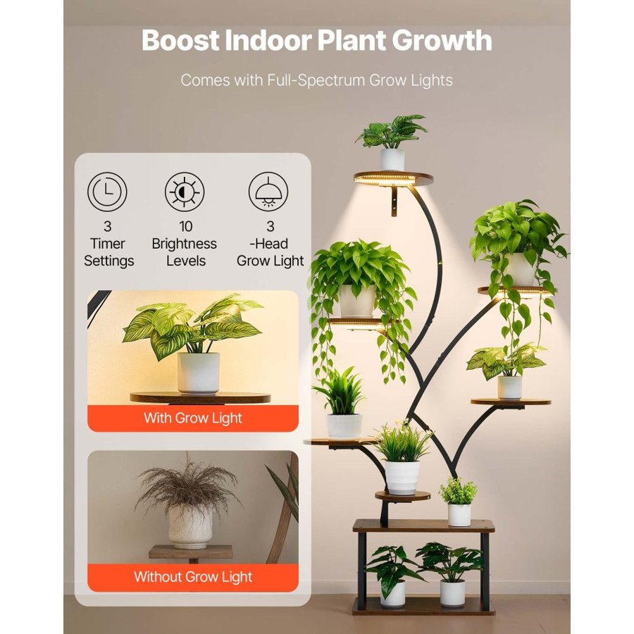 VEVOR Plant Stand Indoor with Grow Lights, 157.5cm Tall 8-Tier Lighted Plant Shelf, Metal Corner Plants Holder, 3 Timer & 10 Brightness, Tree-Shaped Flower Display Rack for Living Room Balcony Decor