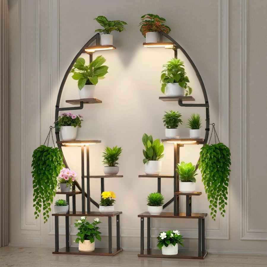 VEVOR Plant Stand Indoor with Grow Lights, 166.5cm Tall 7-Tiered Lighted Plant Shelf, 2 Pack Metal Corner Plants Holder, 3 Timer & 10 Brightness, Half-Moon Shaped Flower Display Rack for Living Room