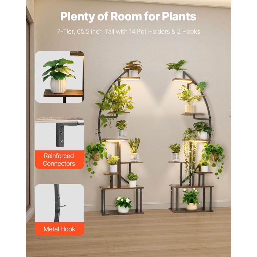 VEVOR Plant Stand Indoor with Grow Lights, 166.5cm Tall 7-Tiered Lighted Plant Shelf, 2 Pack Metal Corner Plants Holder, 3 Timer & 10 Brightness, Half-Moon Shaped Flower Display Rack for Living Room