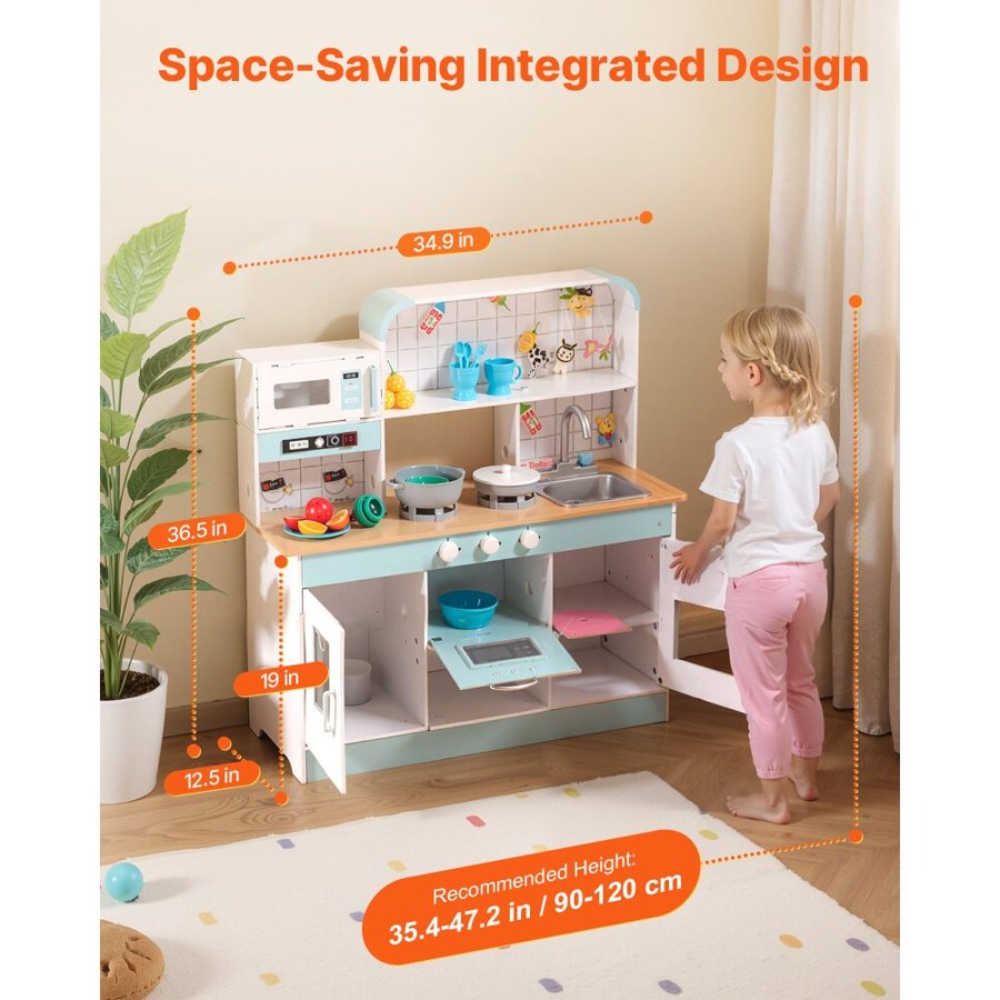 VEVOR Play Kitchen for Kids, Wooden Toy Kitchen Set with Lights and Sounds, Toddler Kitchen with Ice Maker, Oven, Sink, Microwaves, Fridge and Utensil and Fruit Accessory for Toddlers, White