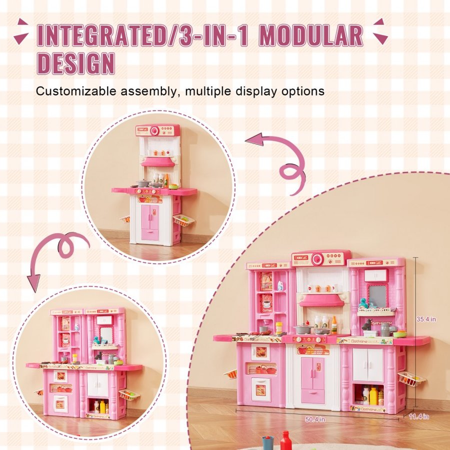 VEVOR Kids Kitchen Playset, 3-in-1 Toddler Kitchen with Simulated Spray, Sounds and Lights, Play Kitchen Set with 74 PCS Cooking Accessory Set for Toddlers, Preschoolers, Children Ages 3-8, Pink