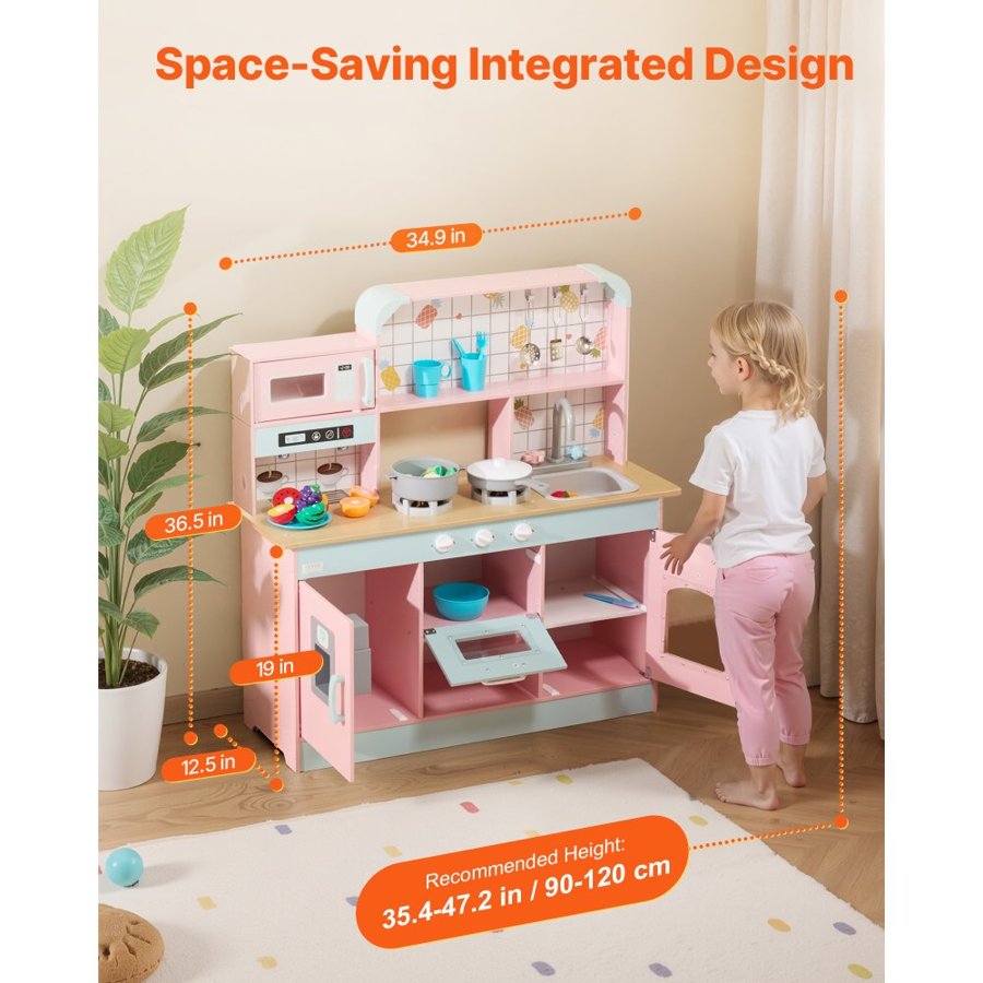 VEVOR Play Kitchen for Kids, Wooden Toy Kitchen Set with Lights and Sounds, Toddler Kitchen with Ice Maker, Oven, Sink, Microwaves, Fridge and Utensil and Fruit Accessory for Toddlers, Pink