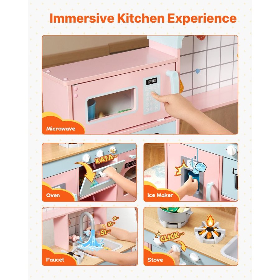 VEVOR Play Kitchen for Kids, Wooden Toy Kitchen Set with Lights and Sounds, Toddler Kitchen with Ice Maker, Oven, Sink, Microwaves, Fridge and Utensil and Fruit Accessory for Toddlers, Pink
