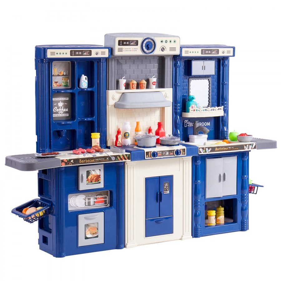 VEVOR Kids Kitchen Playset, 3-in-1 Toddler Kitchen with Simulated Spray, Sounds and Lights, Play Kitchen Set with 74 PCS Cooking Accessory Set for Toddlers, Preschoolers, Children Ages 3-8, Blue
