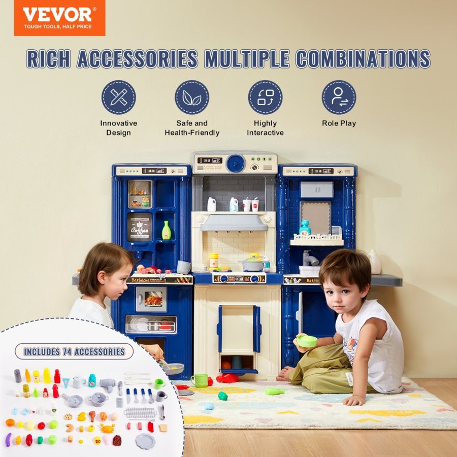VEVOR Kids Kitchen Playset, 3-in-1 Toddler Kitchen with Simulated Spray, Sounds and Lights, Play Kitchen Set with 74 PCS Cooking Accessory Set for Toddlers, Preschoolers, Children Ages 3-8, Blue