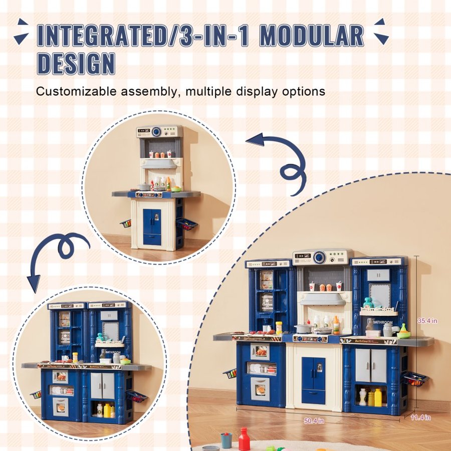 VEVOR Kids Kitchen Playset, 3-in-1 Toddler Kitchen with Simulated Spray, Sounds and Lights, Play Kitchen Set with 74 PCS Cooking Accessory Set for Toddlers, Preschoolers, Children Ages 3-8, Blue