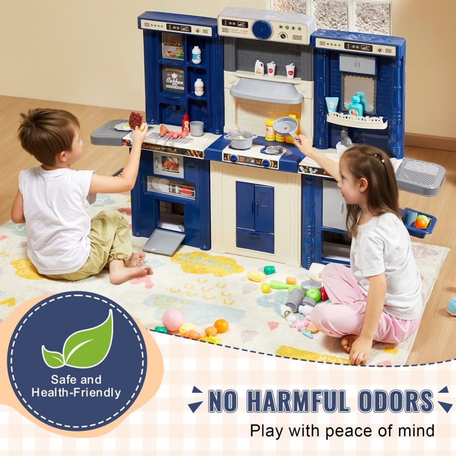 VEVOR Kids Kitchen Playset, 3-in-1 Toddler Kitchen with Simulated Spray, Sounds and Lights, Play Kitchen Set with 74 PCS Cooking Accessory Set for Toddlers, Preschoolers, Children Ages 3-8, Blue