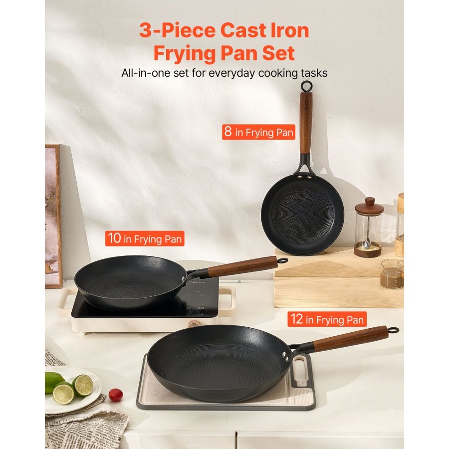 VEVOR Cast Iron Skillet, 3-Piece Frying Pan Set (205, 265, 310 mm), Nonstick Skillets with Detachable Wood Handle, Pre-Seasoned Chef's Pan, Kitchen Cookware for Gas, Electrical, and Induction, Black