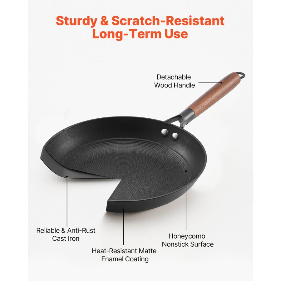 VEVOR Cast Iron Skillet, 3-Piece Frying Pan Set (205, 265, 310 mm), Nonstick Skillets with Detachable Wood Handle, Pre-Seasoned Chef's Pan, Kitchen Cookware for Gas, Electrical, and Induction, Black