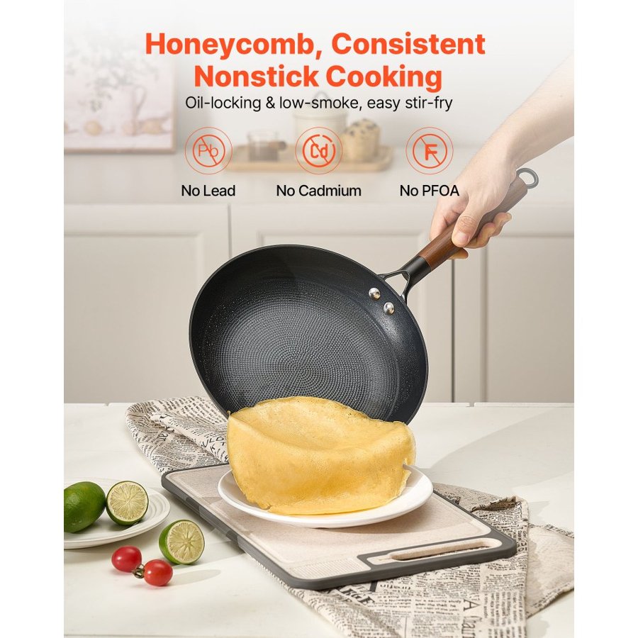 VEVOR Cast Iron Skillet, 3-Piece Frying Pan Set (205, 265, 310 mm), Nonstick Skillets with Detachable Wood Handle, Pre-Seasoned Chef's Pan, Kitchen Cookware for Gas, Electrical, and Induction, Black