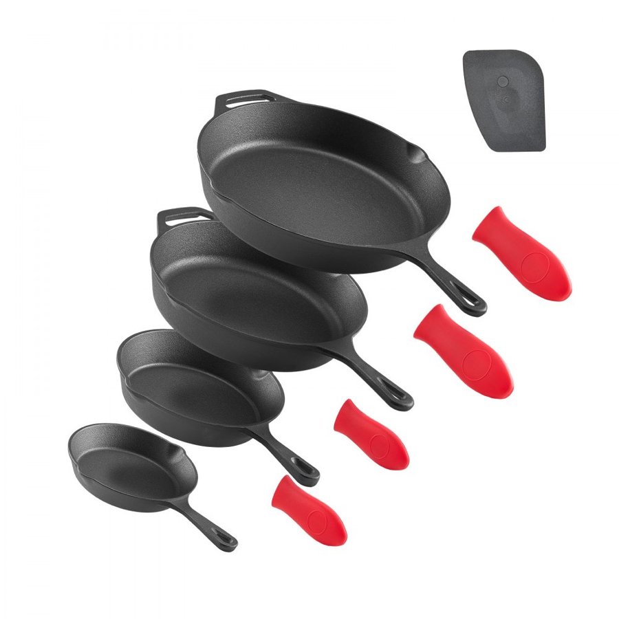VEVOR Cast Iron Skillet, 4 Pcs Frying Pan Set (155, 205, 260, 305 mm), Skillets with Heat-Resistant Silicone Handle, Pre-Seasoned Chef's Pan, Kitchen Cookware, Oven, Gas, Electrical, Induction, Black
