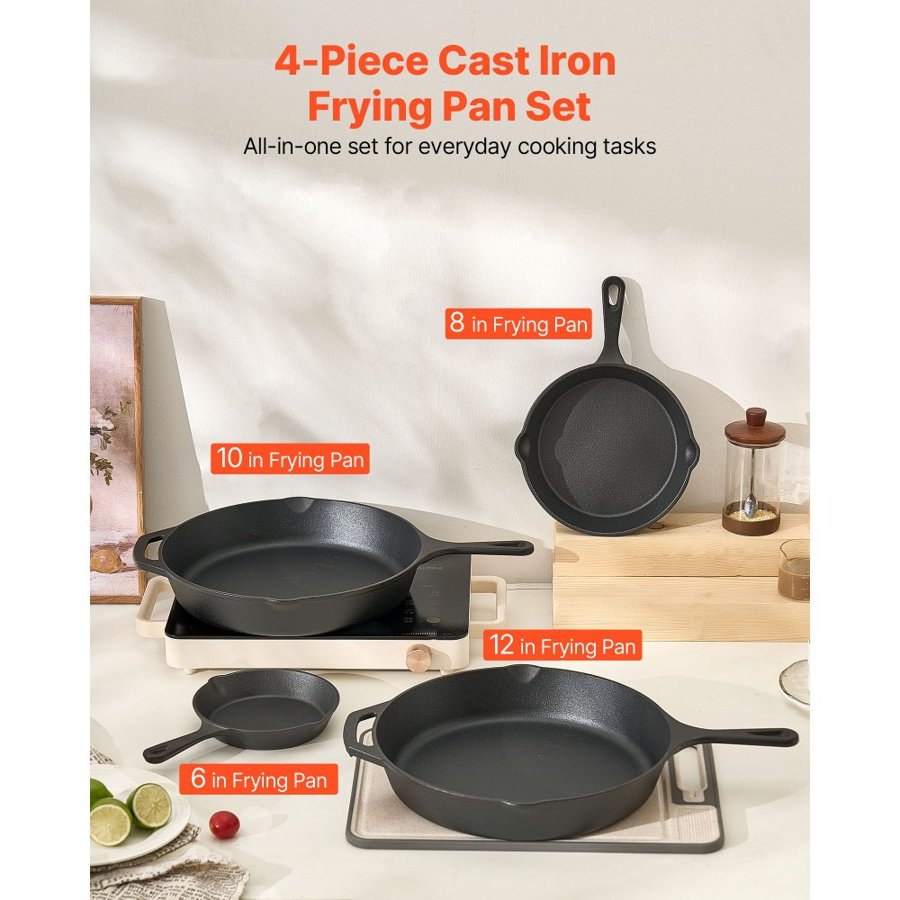 VEVOR Cast Iron Skillet, 4 Pcs Frying Pan Set (155, 205, 260, 305 mm), Skillets with Heat-Resistant Silicone Handle, Pre-Seasoned Chef's Pan, Kitchen Cookware, Oven, Gas, Electrical, Induction, Black