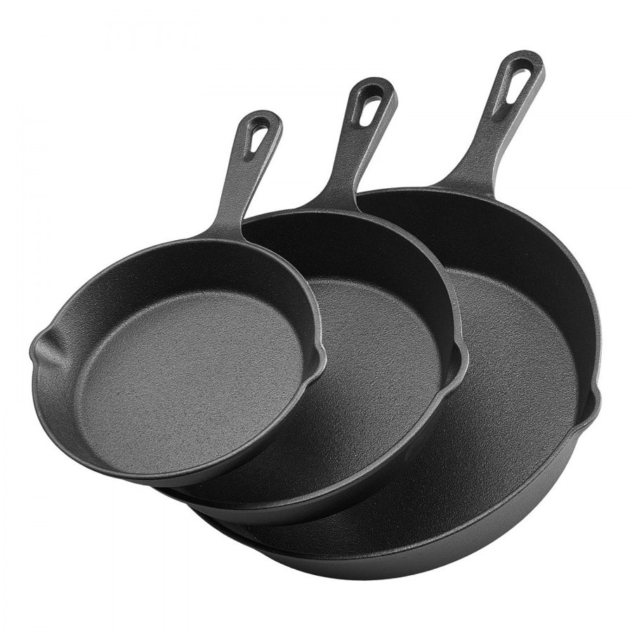 VEVOR Cast Iron Skillet, 3 Pcs Frying Pan Set (160, 220, 265 mm), Heavy-Duty Skillets with Heat-Resistant Handle, Pre-Seasoned Chef's Pan, Kitchen Cookware, for Oven, Gas, Electrical, Induction, Black