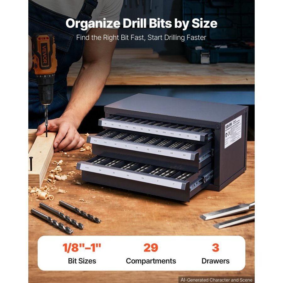 VEVOR End Mill Dispenser Cabinet, Three-Drawer End Mill Organizer Cabinet for 1/8" to 1", Steel End Mill Dispenser Organizer Cabinet with Labels, 29-Compartment Stackable for End Mill Storage