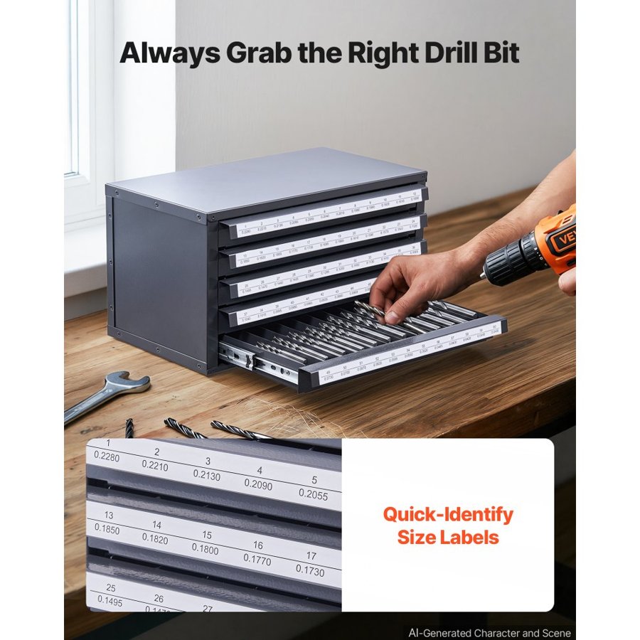 VEVOR Drill Bit Dispenser Cabinet, Five-Drawer Drill Bit Organizer Cabinet for #1 to #60 Steel Drill Dispenser Organizer Cabinet with Labels, Stackable Drill Dispenser for Drill Bit Storage