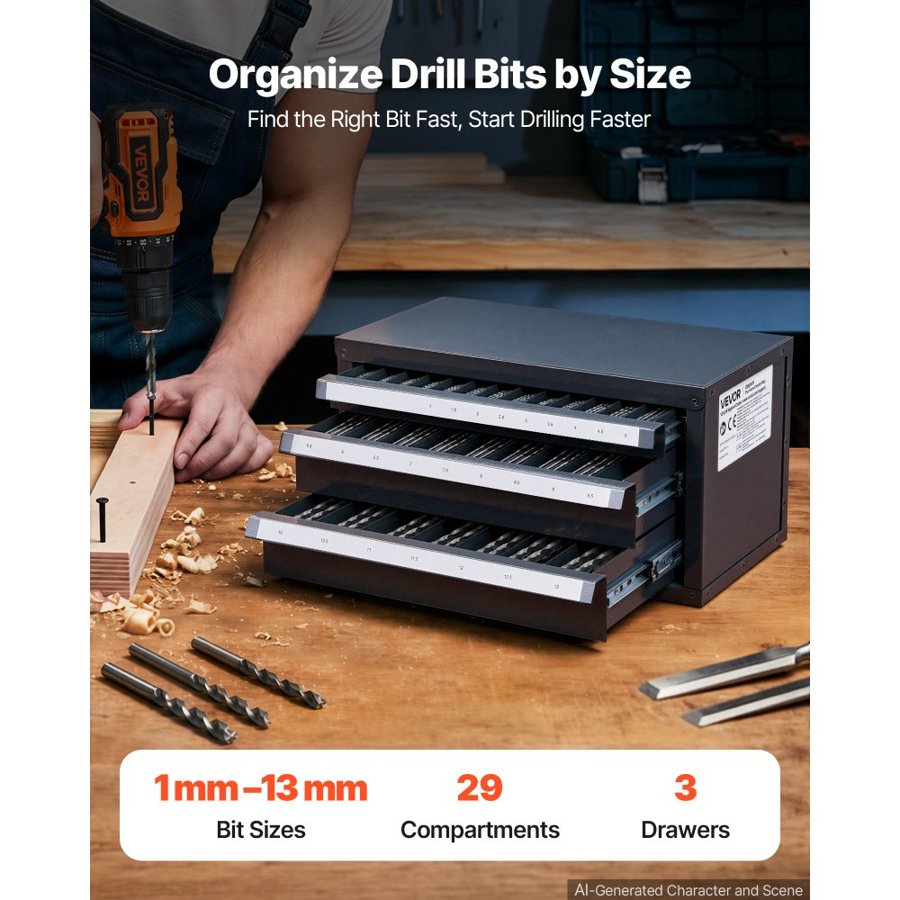 VEVOR Drill Bit Dispenser Cabinet, Three-Drawer Drill Bit Organizer Cabinet for 1mm to 13mm, Steel Drill Dispenser Organizer Cabinet with Labels, Stackable Drill Dispenser for Drill Bit Storage
