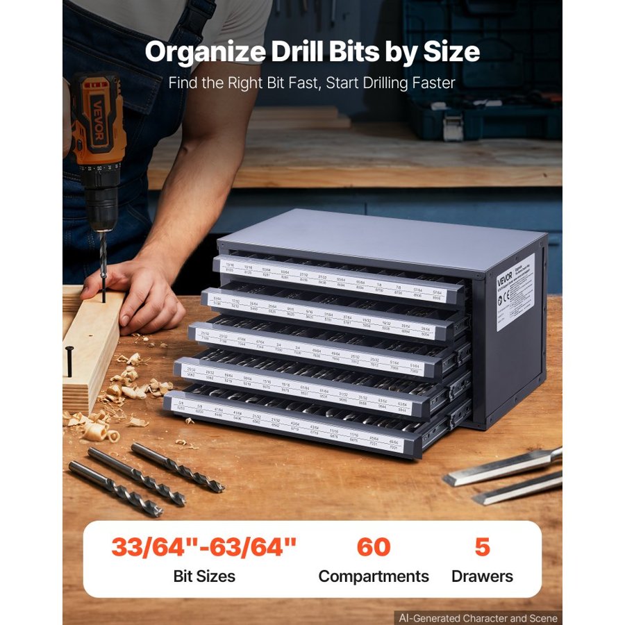 VEVOR Drill Bit Dispenser Cabinet, Five-Drawer Drill Bit Organizer Cabinet for 13.1 mm to 25.4 mm Steel Drill Dispenser Organizer Cabinet with Labels, Stackable Drill Dispenser for Drill Bit Storage